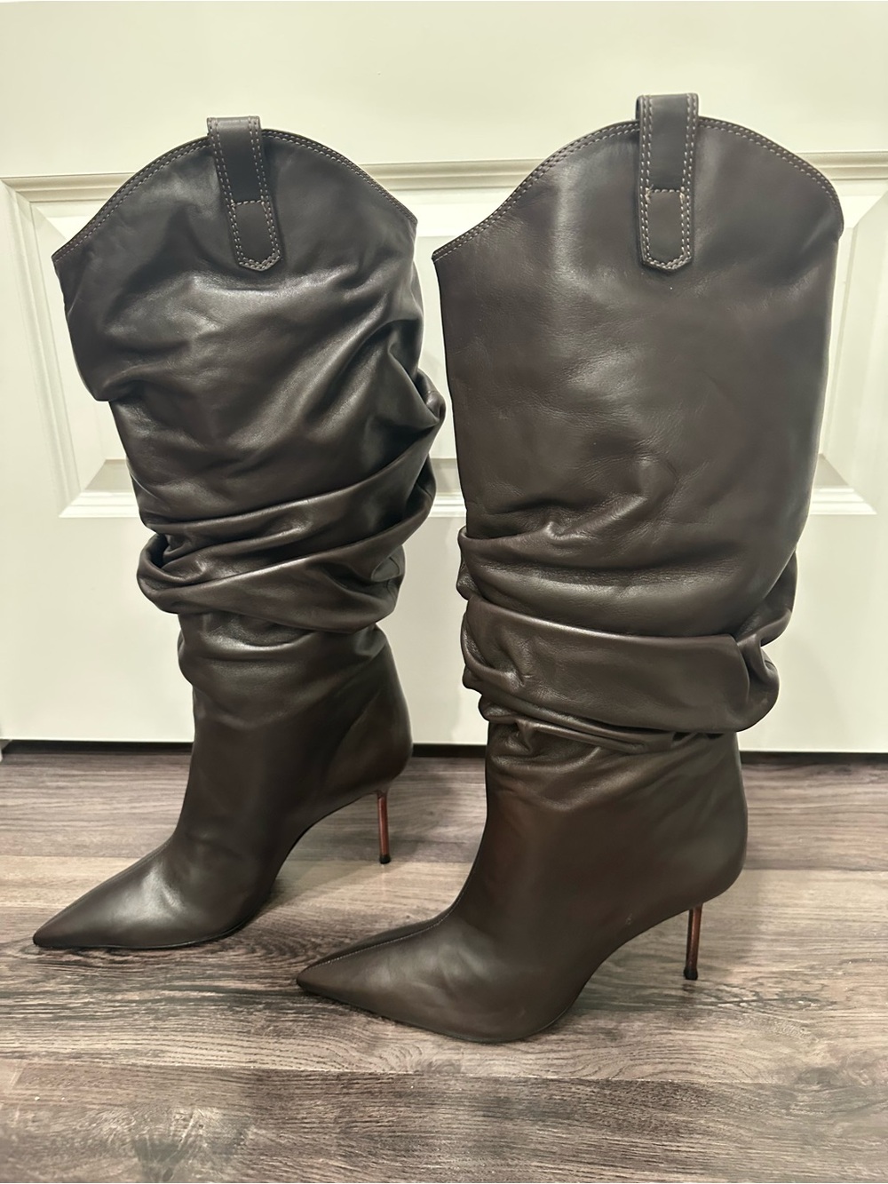 Schutz brown slouch leather knee boots 8.5 metallic heel NWOT